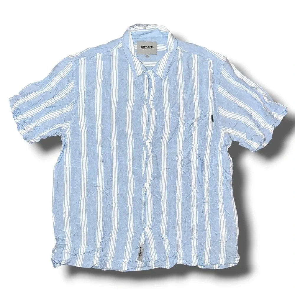 Carhartt WIP Men XXL SS Chester Shirt Light Blue White Striped Viscose Button Up - Picture 2 of 4